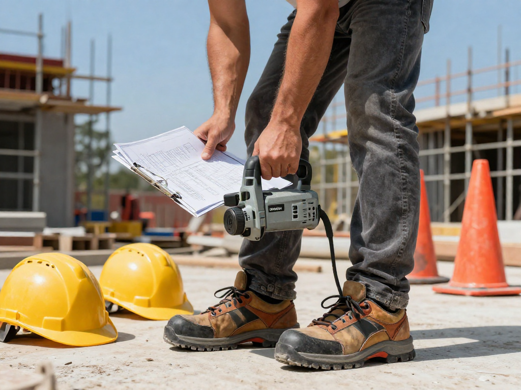 Scena di un lavoratore della costruzione con scarpe antinfortunistiche Diadora mentre utilizza un attrezzo elettrico, circondato da materiali da costruzione.