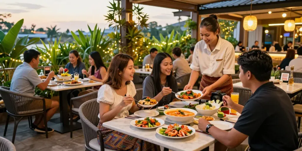 Delicious rokok88 daftar dishes served at Tarachan Huahin restaurant during golden hour.