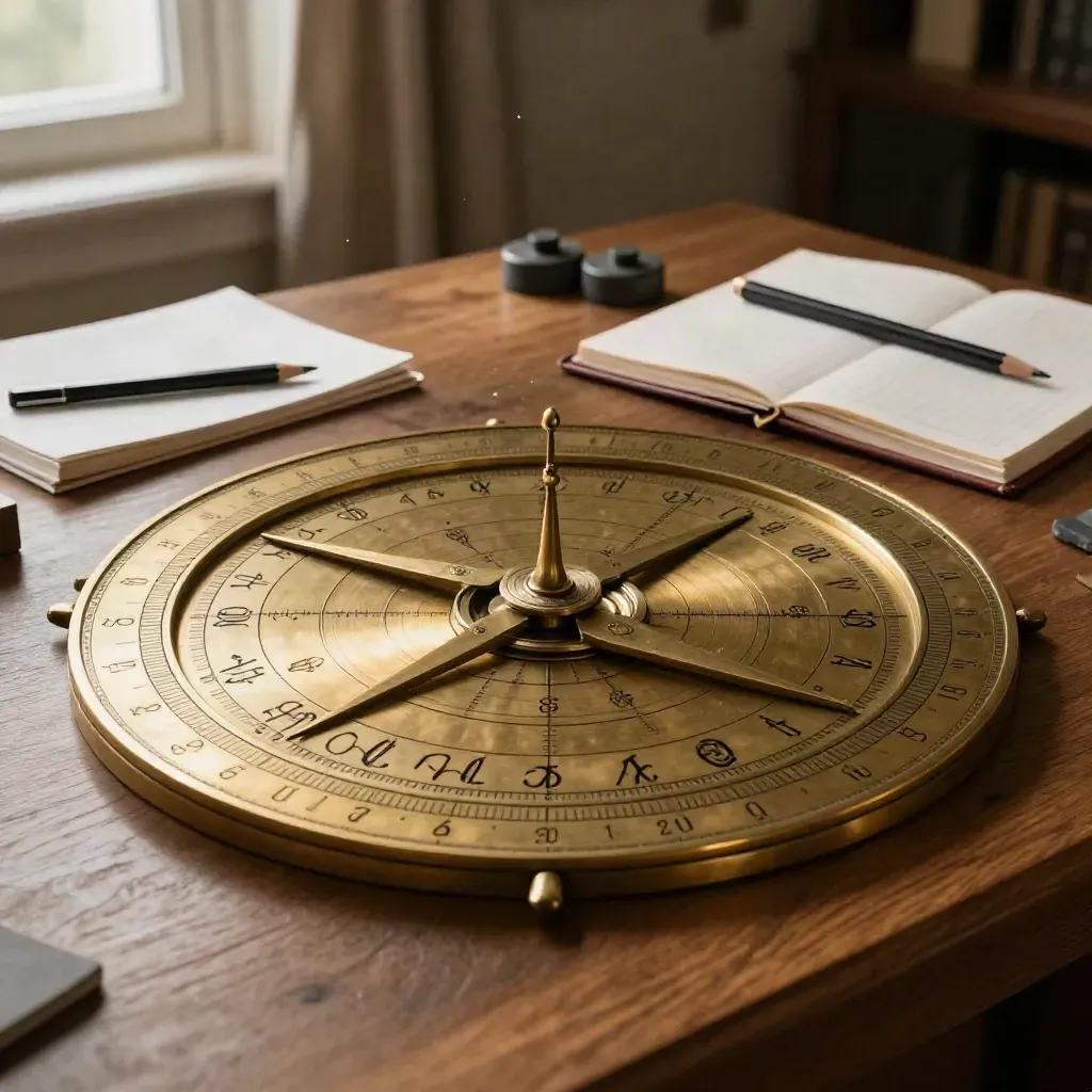 Tavolo astrologico con ruota astrale in ottone, matita, taccuino chiuso e pesi in pietra.