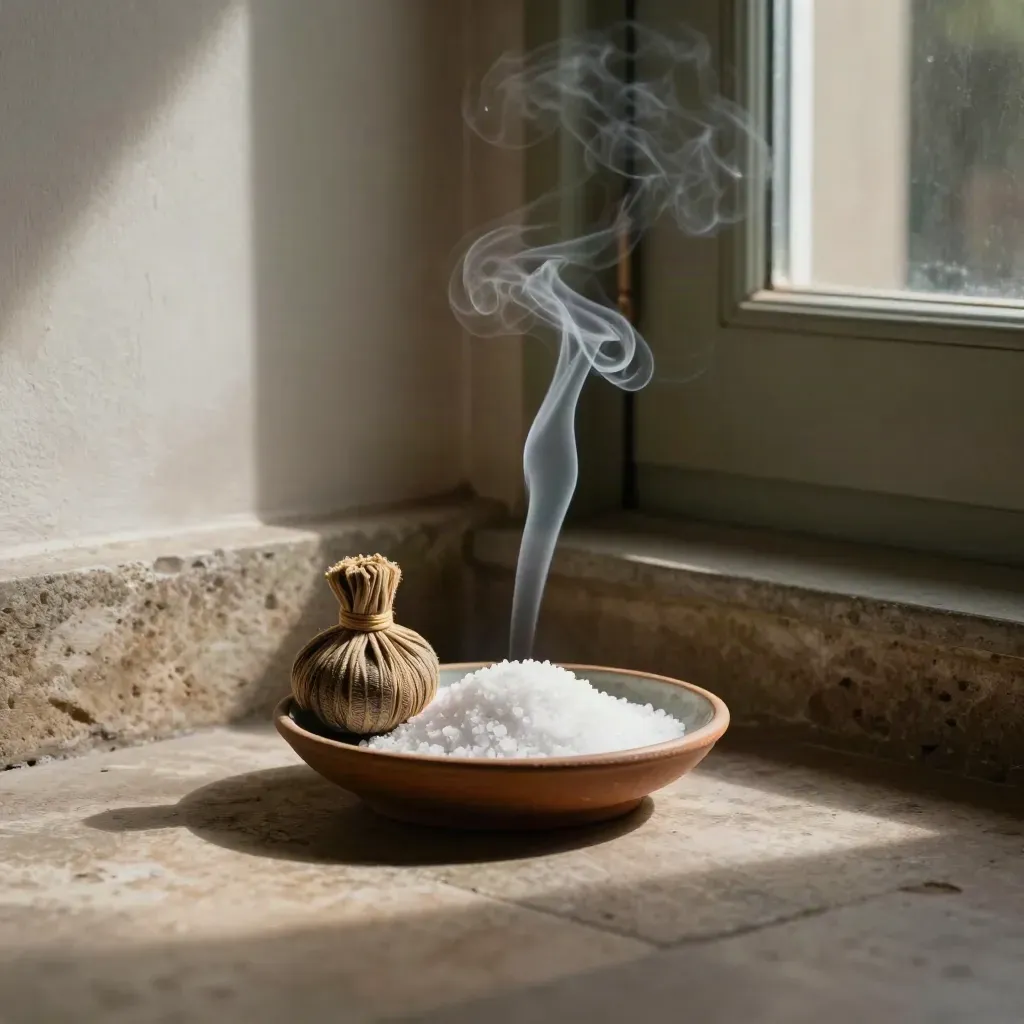 Angolo di pulizia energetica con salvia fumante, sale e luce dalla finestra