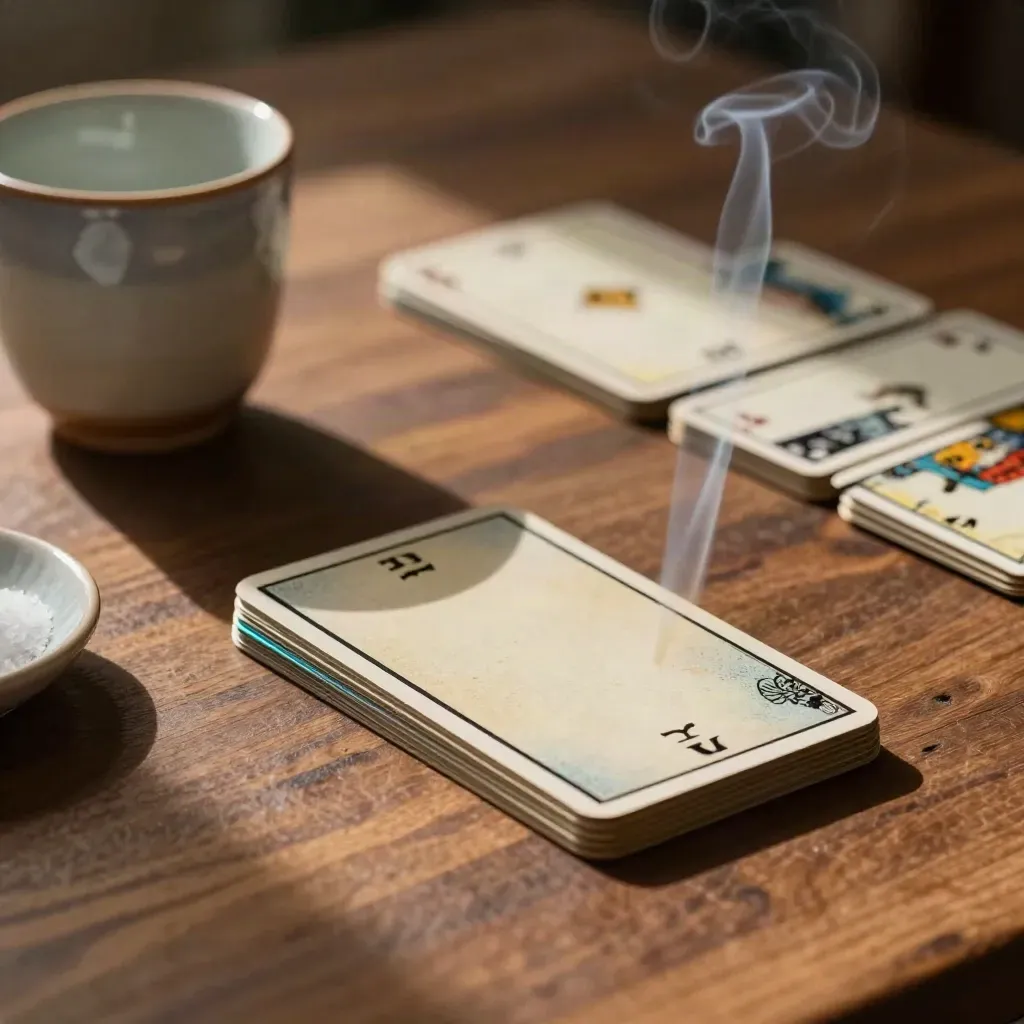 Tarocchi scuri, tazza in ceramica, ciotolina di sale e fumo di candela su tavolo di legno.