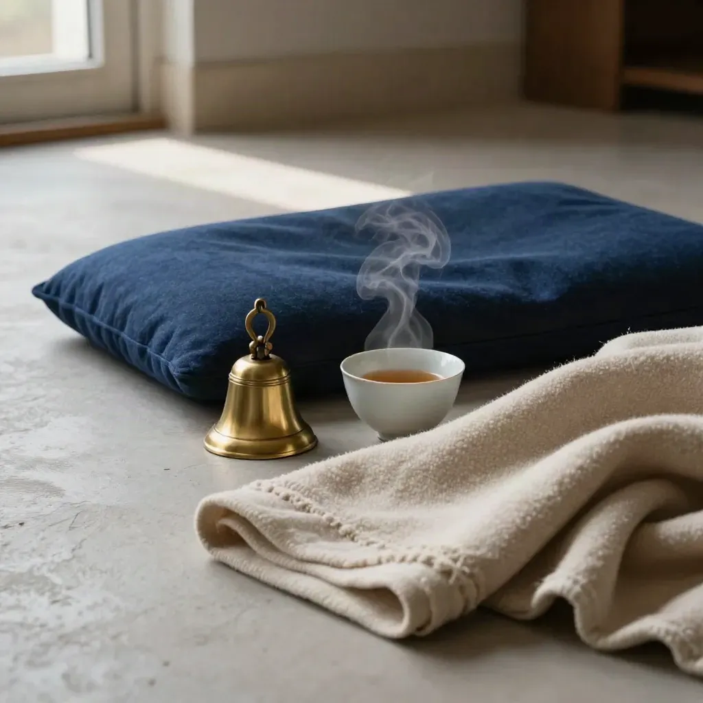 Cuscino da meditazione, coperta di lana, campanella in ottone e tazza fumante su pavimento in gesso.