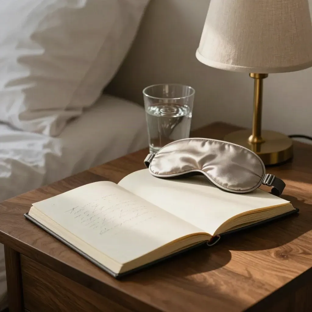 Diario dei sogni semiaperto, bicchiere d'acqua, lampada e mascherina su tavolo in noce.