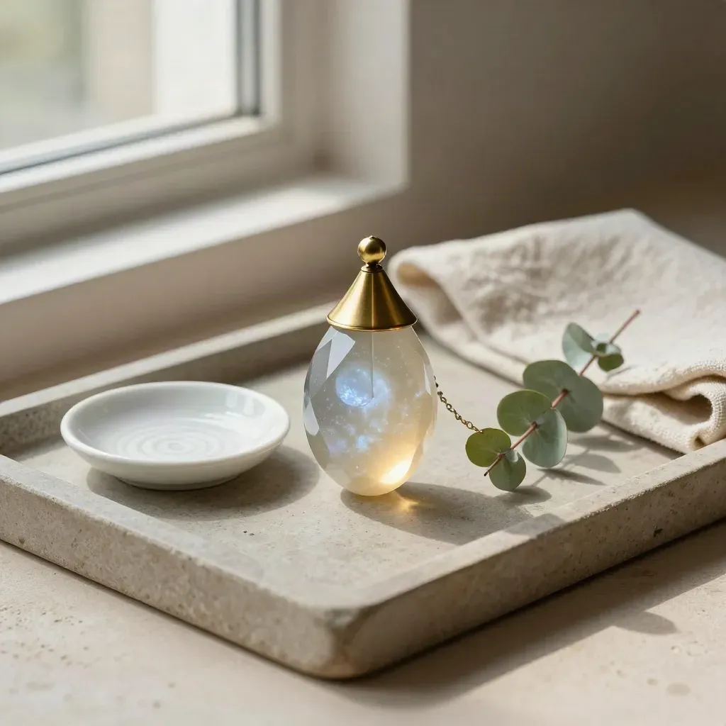 Pendolo di moonstone con piattino, lino piegato ed eucalipto su vassoio di pietra.